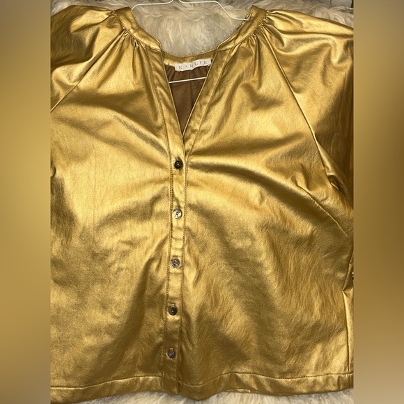 Gold leather top blouse pleather shimmery holiday bell sleeve top - Picture 2 of 4